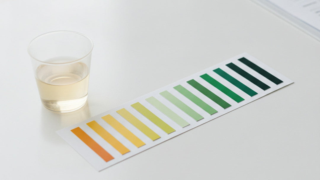 pH test strips next to specimen cup on laboratory counter