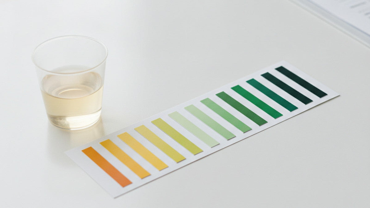 pH test strips next to specimen cup on laboratory counter