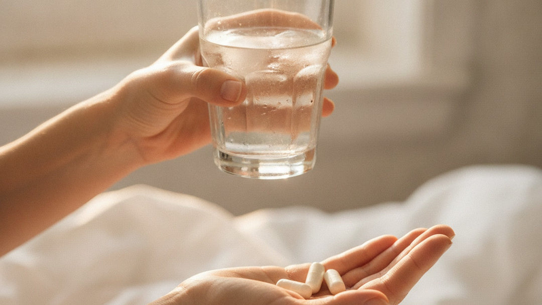 Hand holding prebiotic capsules and water glass in morning light