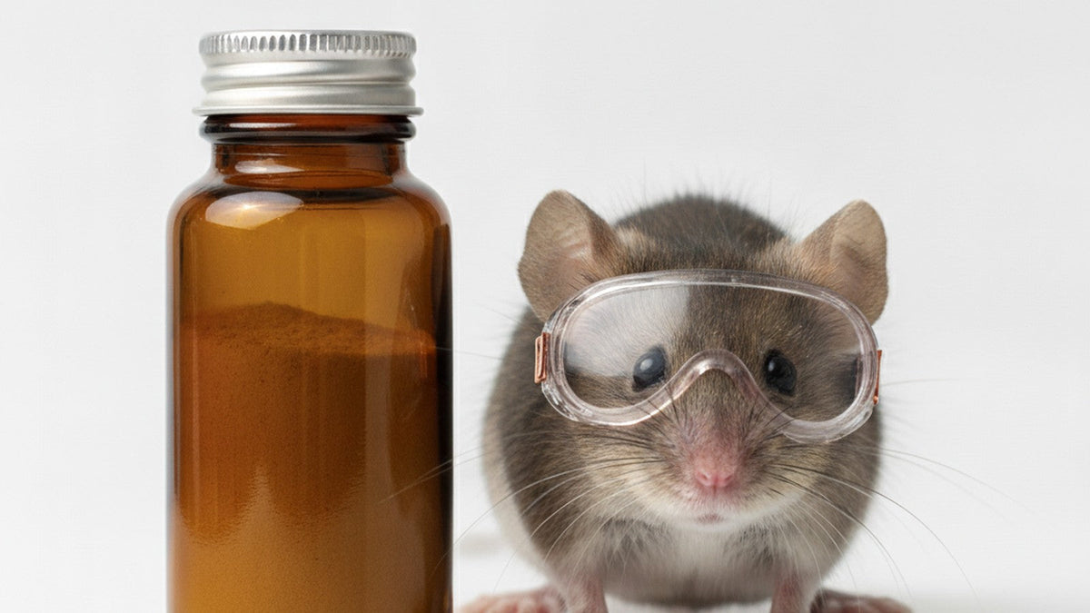 Laboratory mouse in safety goggles beside supplement bottle