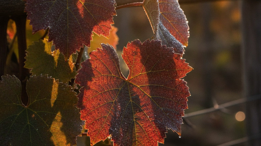 Red grapevine leaves backlit on a vineyard trellis