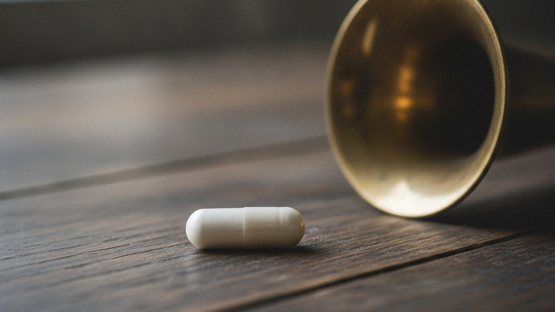 White supplement capsule beside brass ear trumpet on dark wood
