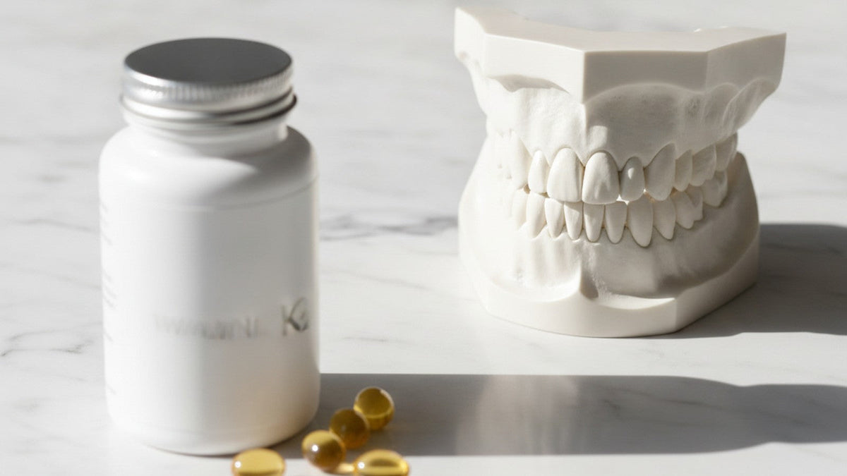Vitamin K2 supplement bottle with capsules next to anatomical jaw bone model