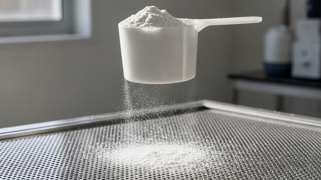 Protein powder scoop above filtration membrane in laboratory