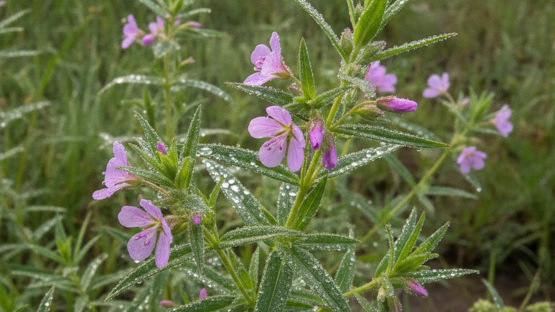 Willowherb plant with pink flowers in wet grassland