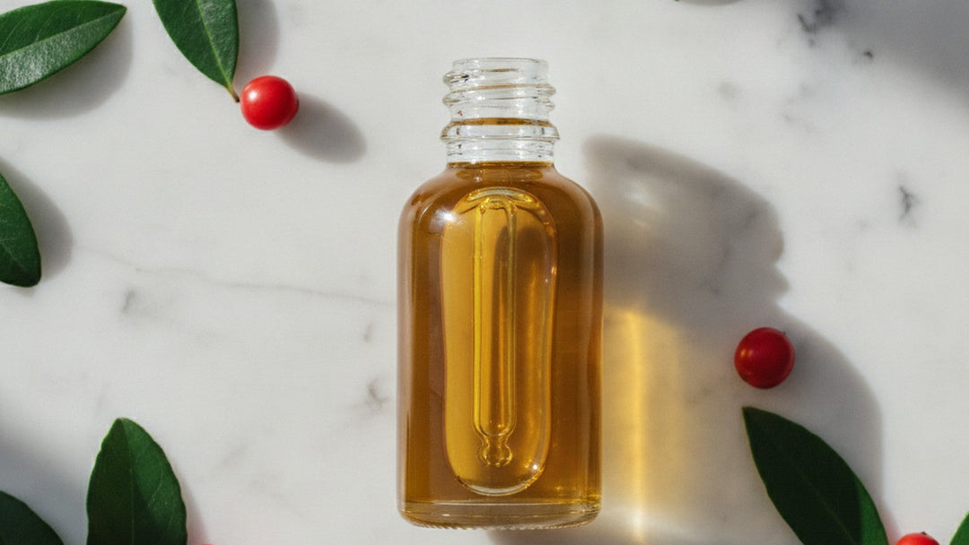 Wintergreen essential oil bottle with fresh wintergreen plant leaves