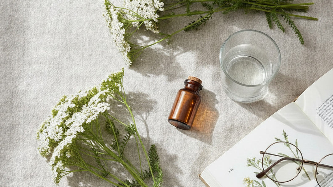 Fresh yarrow flowers and supplement bottle on linen with botanical book