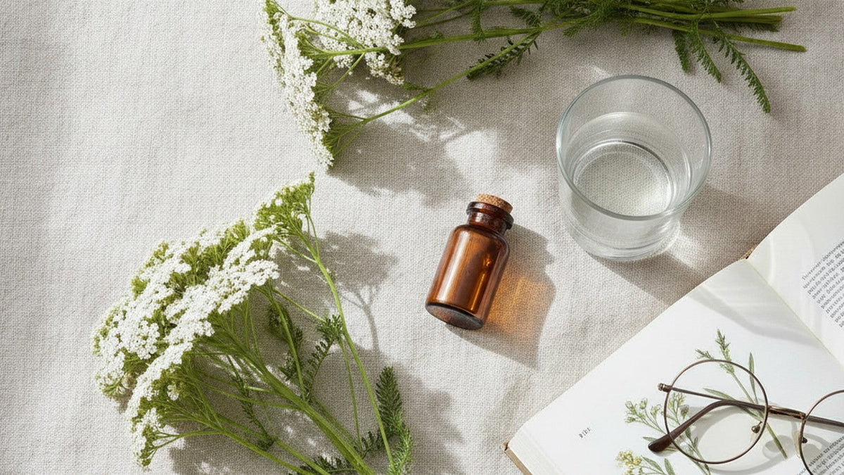 Fresh yarrow flowers and supplement bottle on linen with botanical book