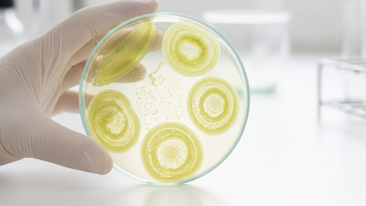 Laboratory petri dish with probiotic bacterial cultures