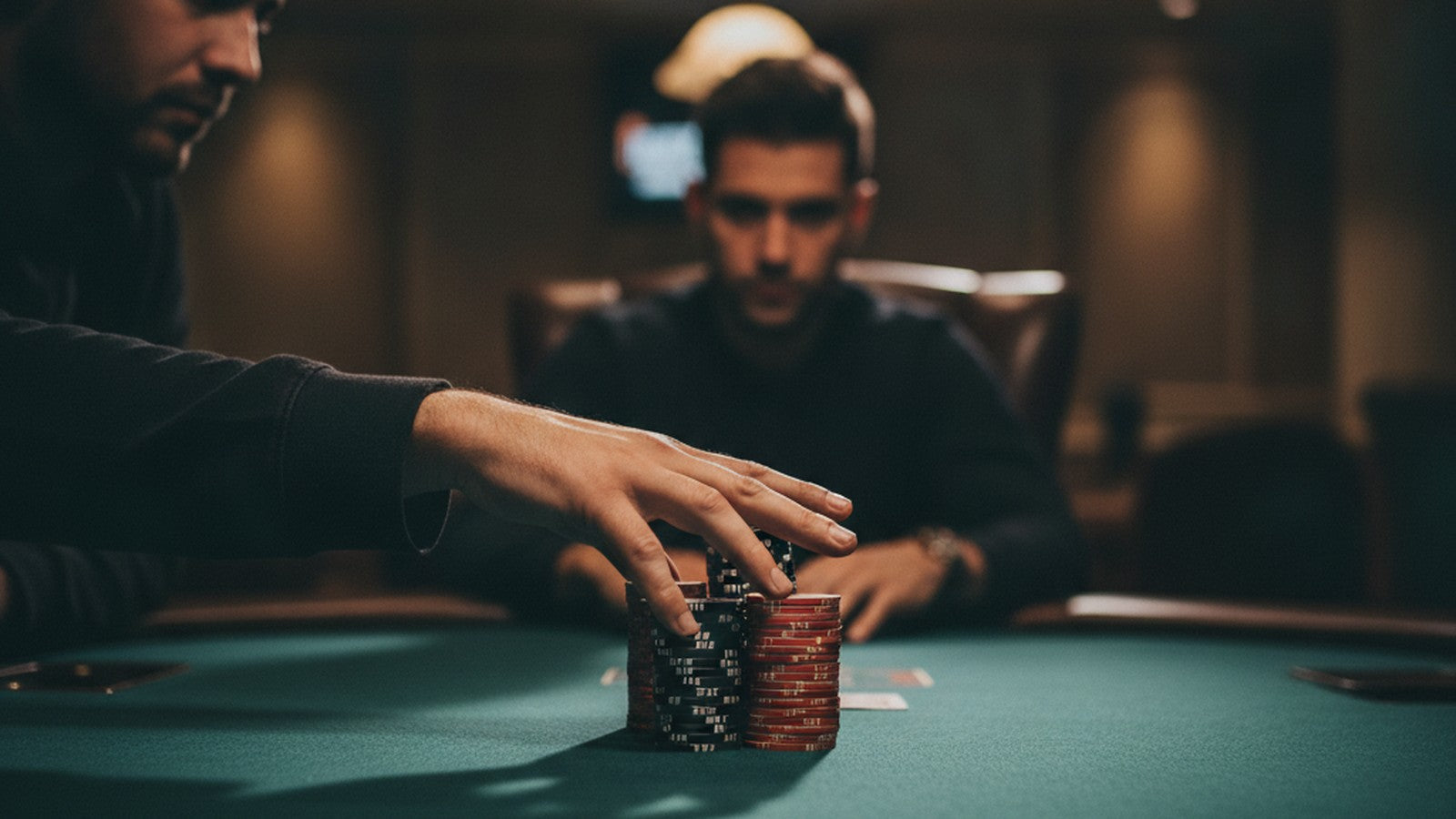 Poker player pushing chips forward during bluffing hand