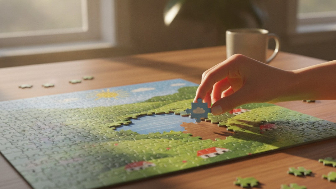 Hands placing a jigsaw puzzle piece on a wooden table in morning light