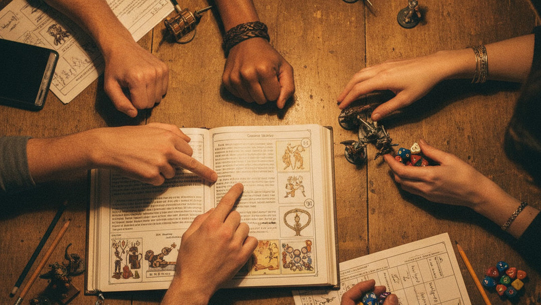 Multiple hands gesturing over tabletop RPG materials during a rules disagreement