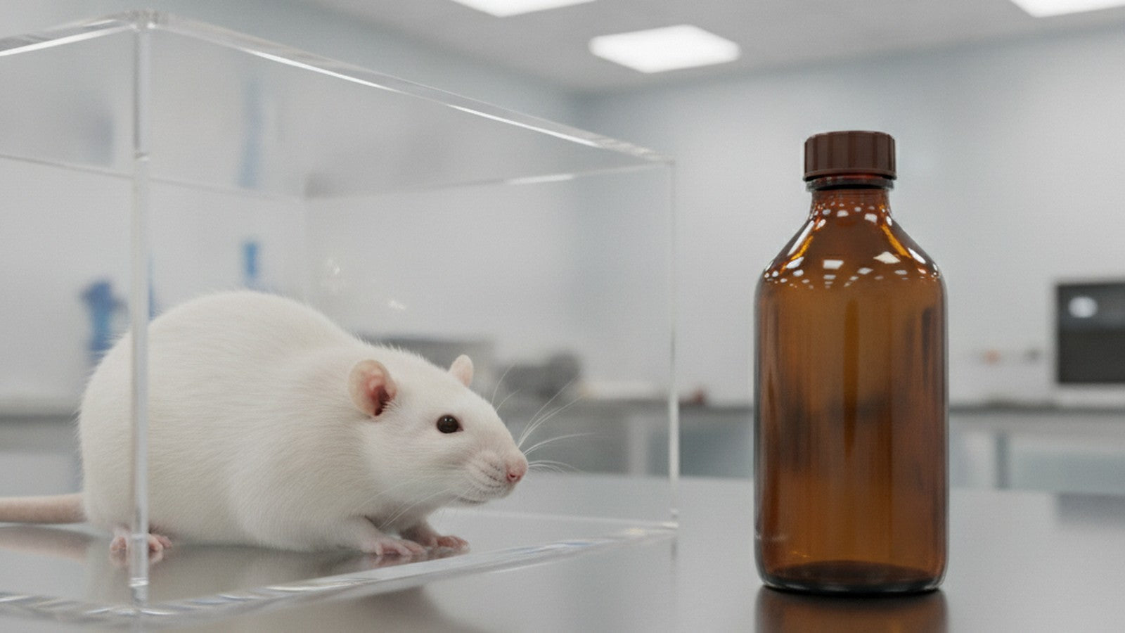 Laboratory rat beside supplement bottle on steel bench