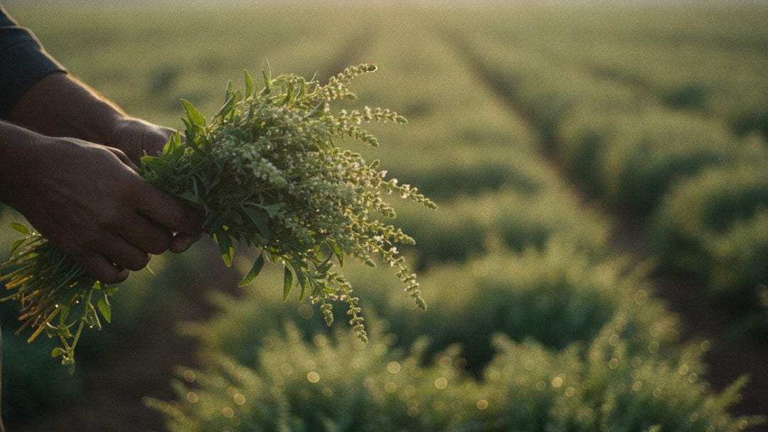 A grower lifts a bundle of fresh green leafy herb stems at dawn in a field row