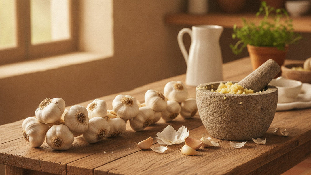 A braid of whole garlic bulbs and a stone mortar and pestle with crushed garlic on a rustic wooden kitchen table in warm window light
