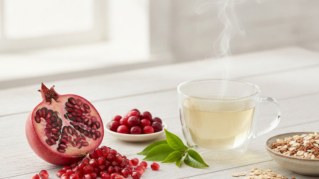 Halved pomegranate with ruby arils, fresh cranberries, a glass of steaming green tea and a bowl of oats on a bright table