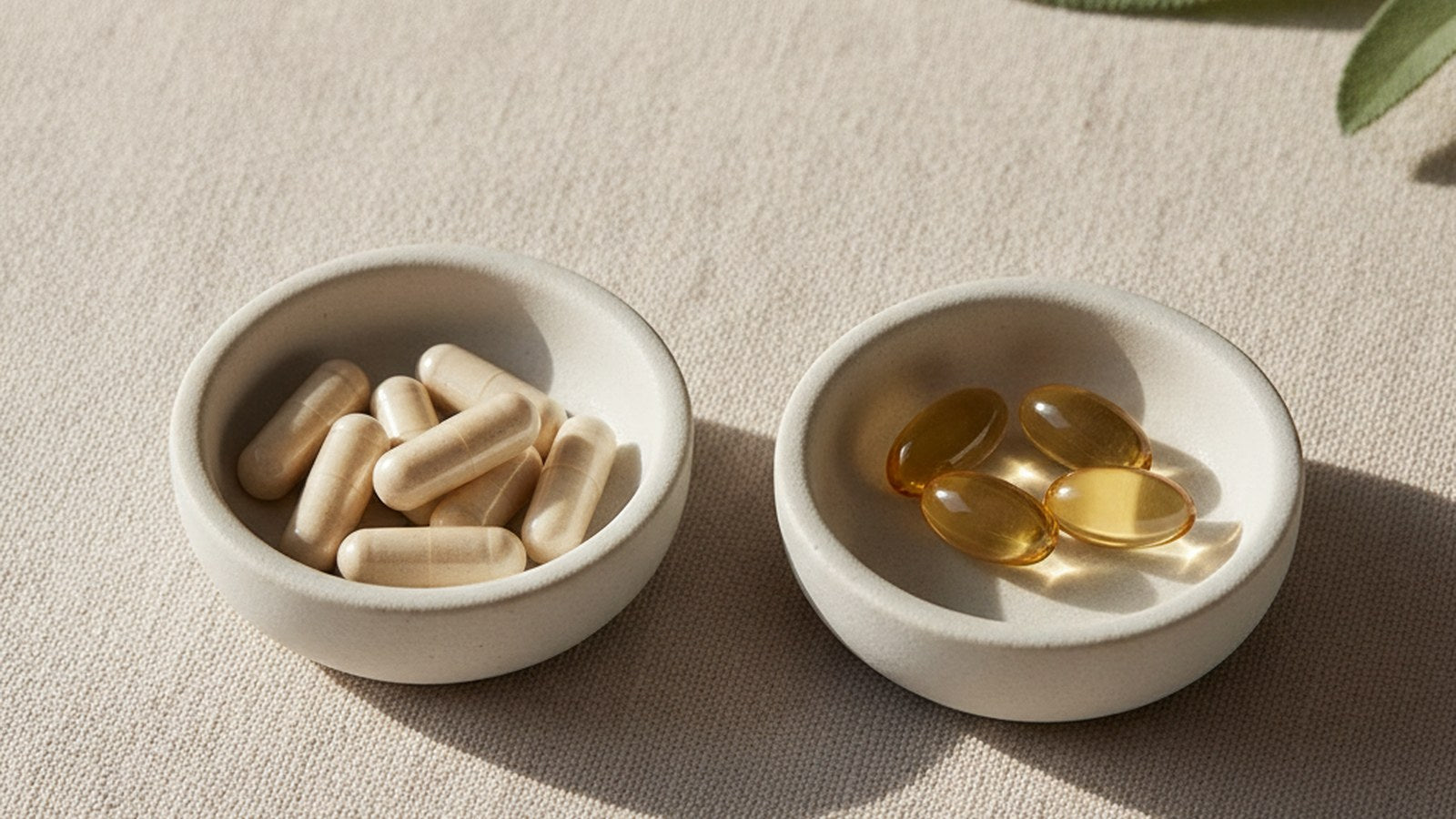 Two small white dishes side by side, one holding ivory capsules and one holding golden softgels, on warm linen in soft daylight