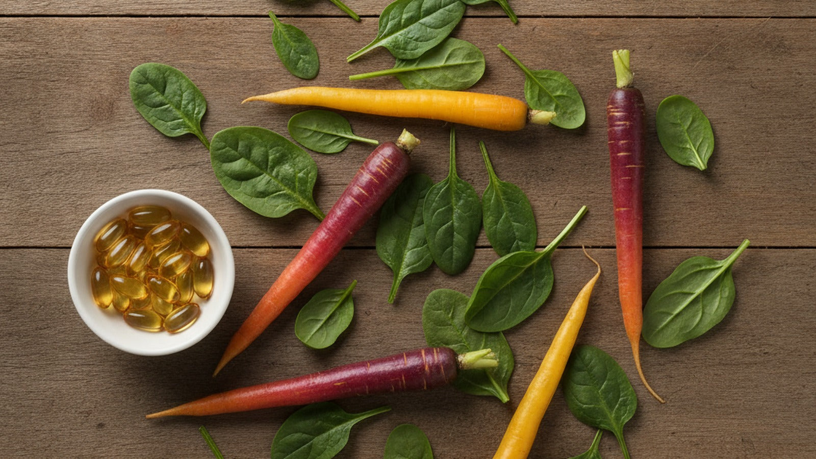 Fresh spinach leaves and rainbow carrots on a rustic wooden table beside a small dish of golden capsules