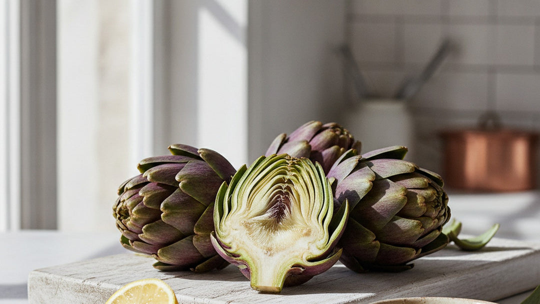 Fresh whole and halved globe artichokes with a lemon on a pale wooden board in a bright sunlit kitchen