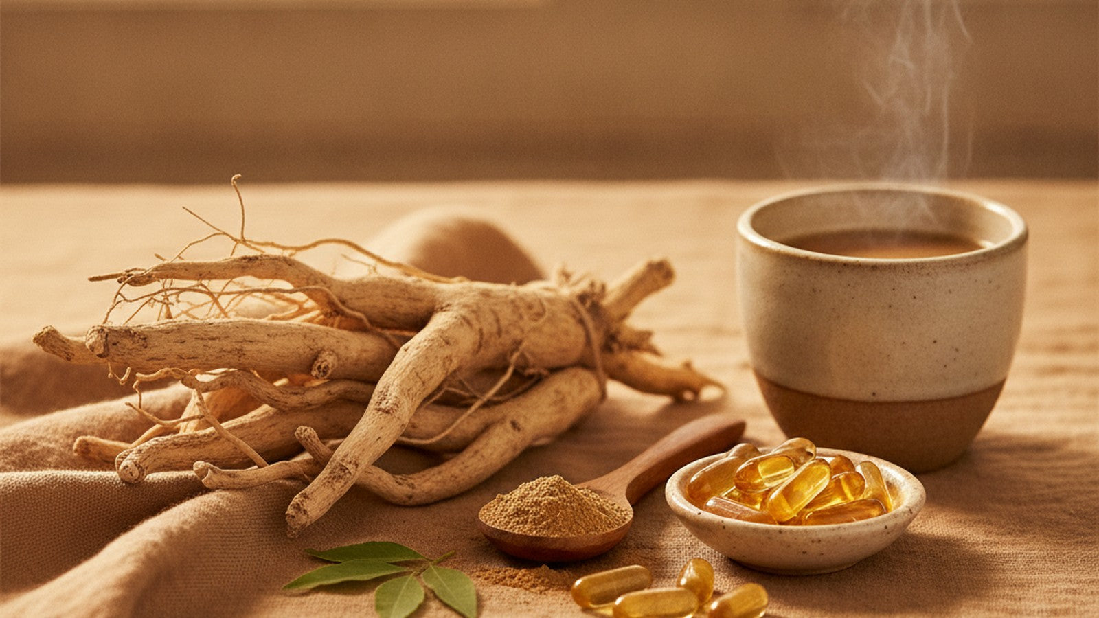Dried ashwagandha root, a spoon of tan powder, honey-colored capsules and a steaming cup of herbal milk on warm linen in soft morning light