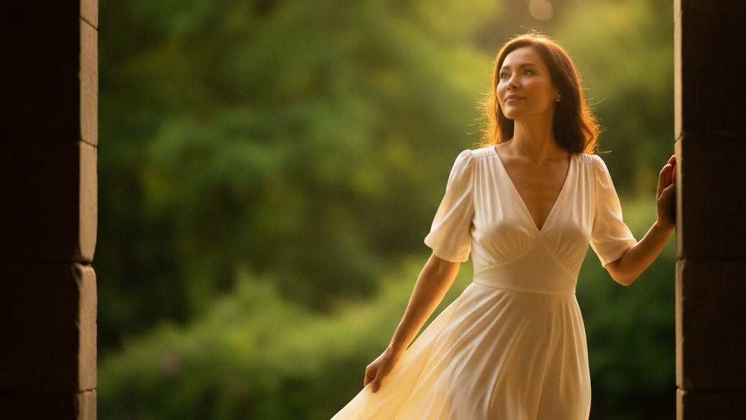 Woman stepping into golden park sunlight with bright relaxed eyes