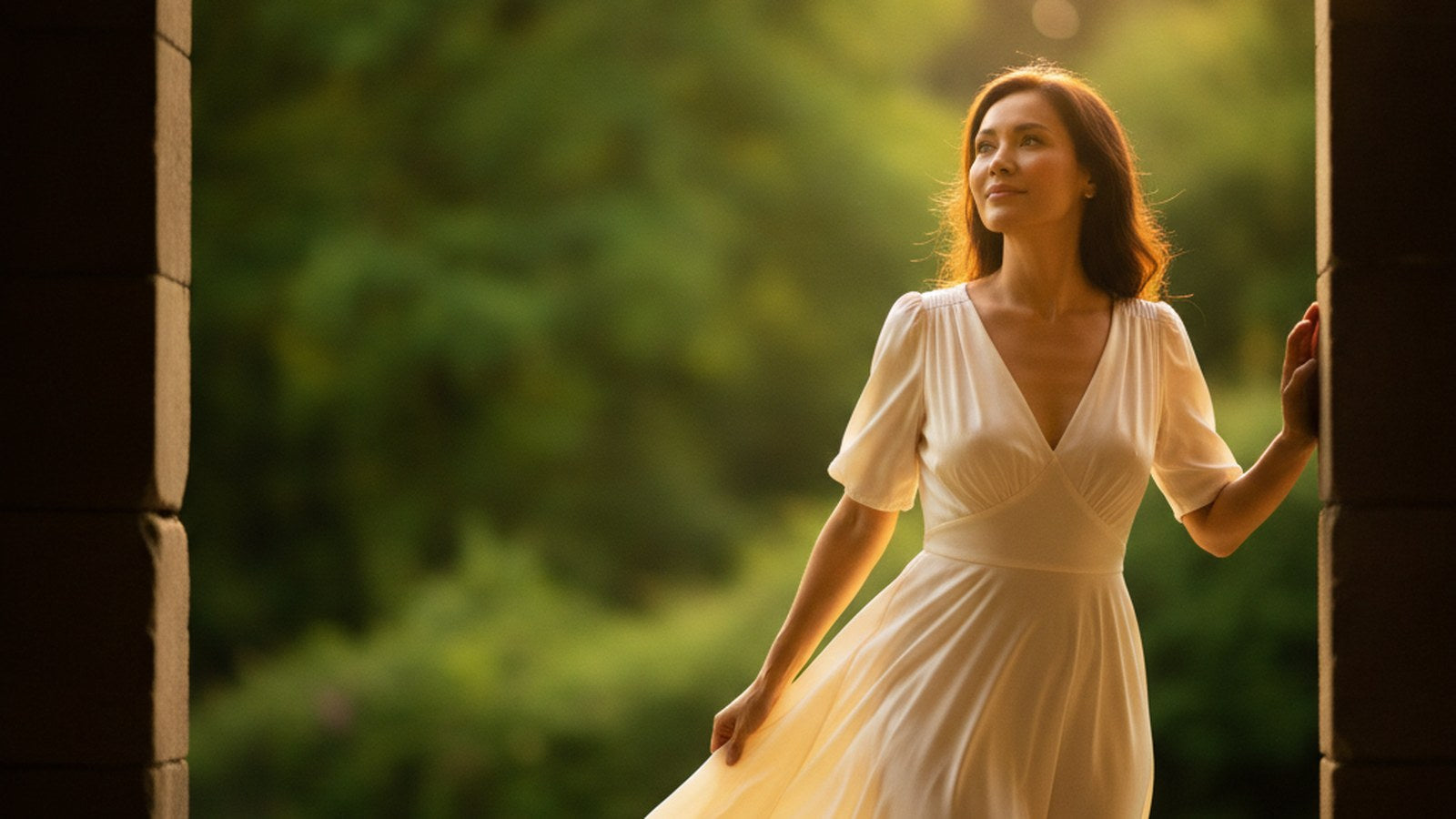 Woman stepping into golden park sunlight with bright relaxed eyes