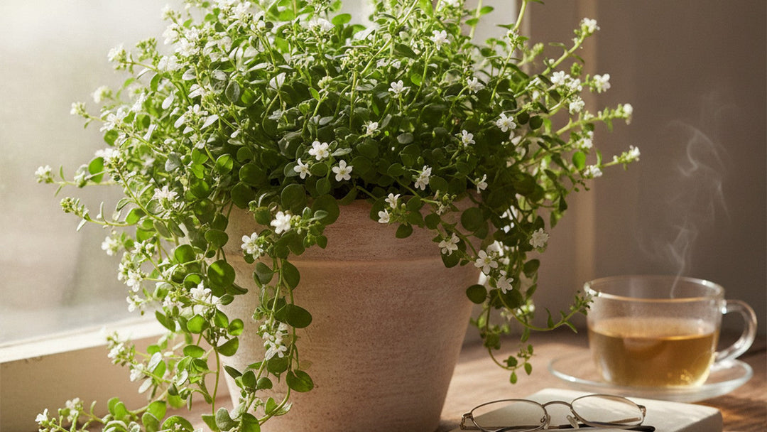 A flowering Bacopa monnieri plant in a terracotta pot on a sunlit windowsill beside reading glasses and a cup of herbal tea