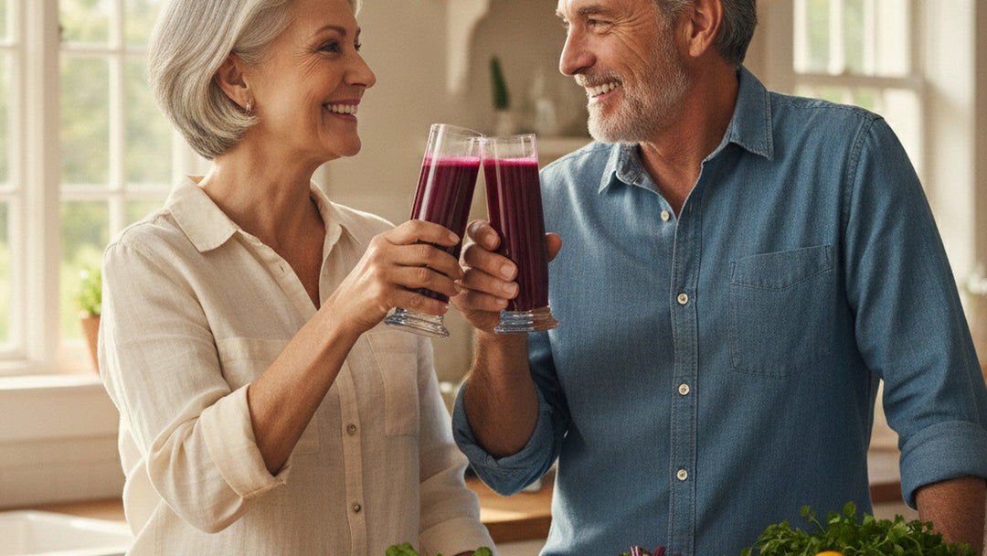 An older couple in a sunlit kitchen toasting two tall glasses of deep ruby beet juice
