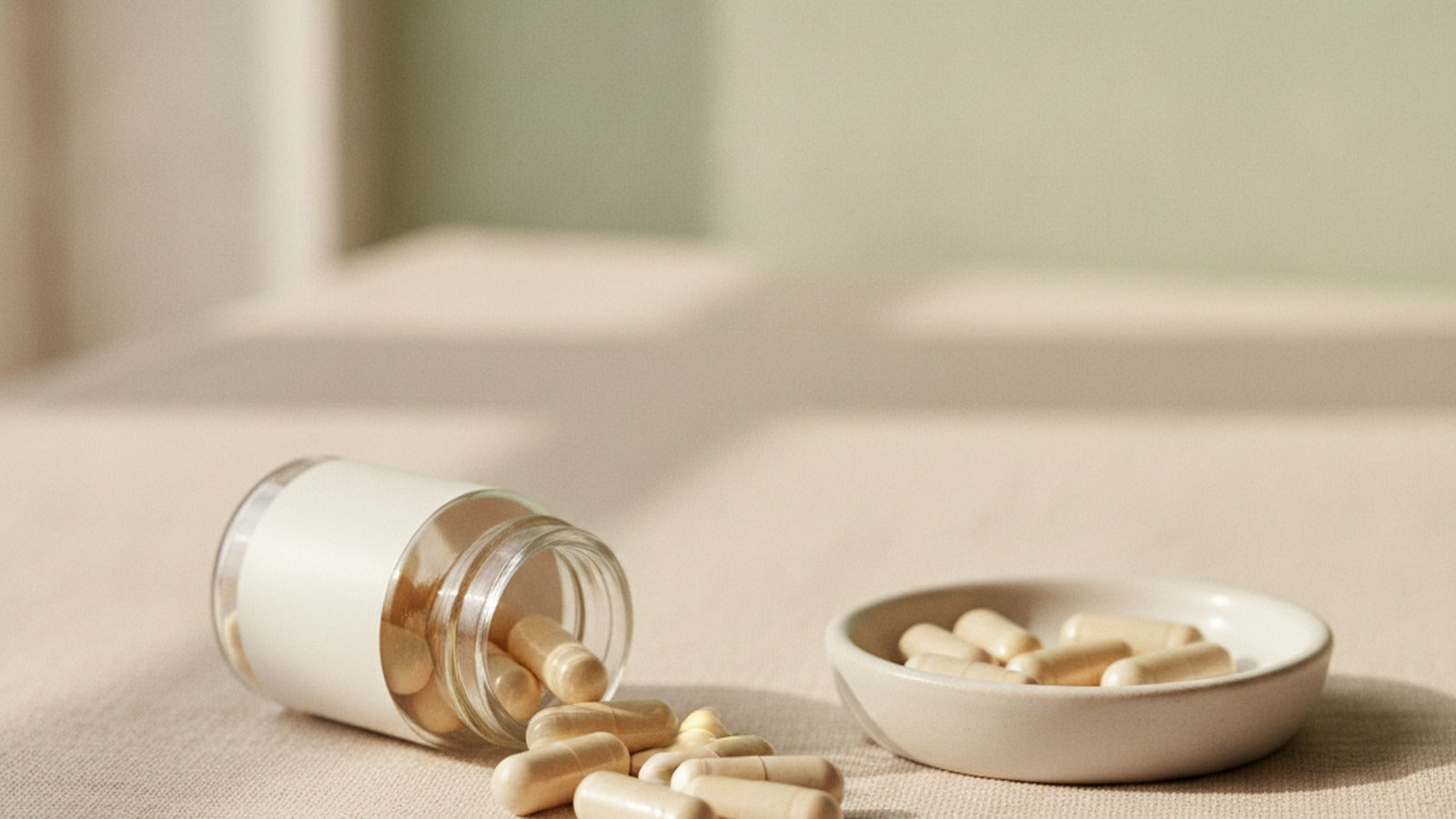 Pale ivory capsules spilling from a tipped clear apothecary jar onto cream linen beside a small ceramic dish in soft morning light