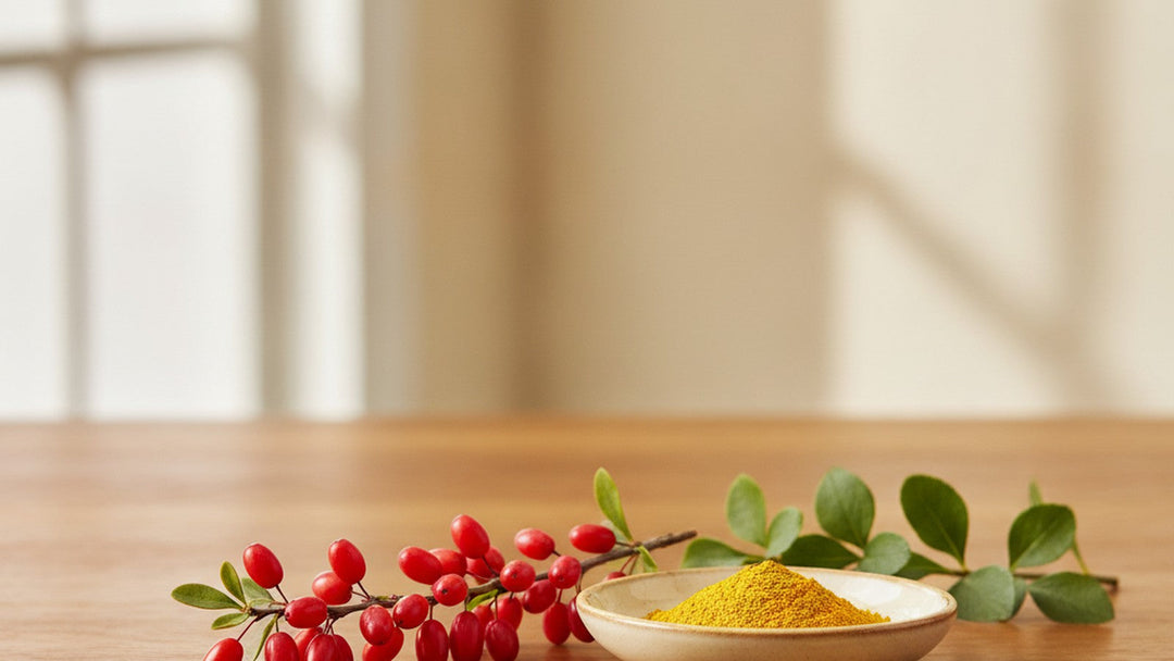Fresh red barberries and a dish of golden berberine powder on warm wood