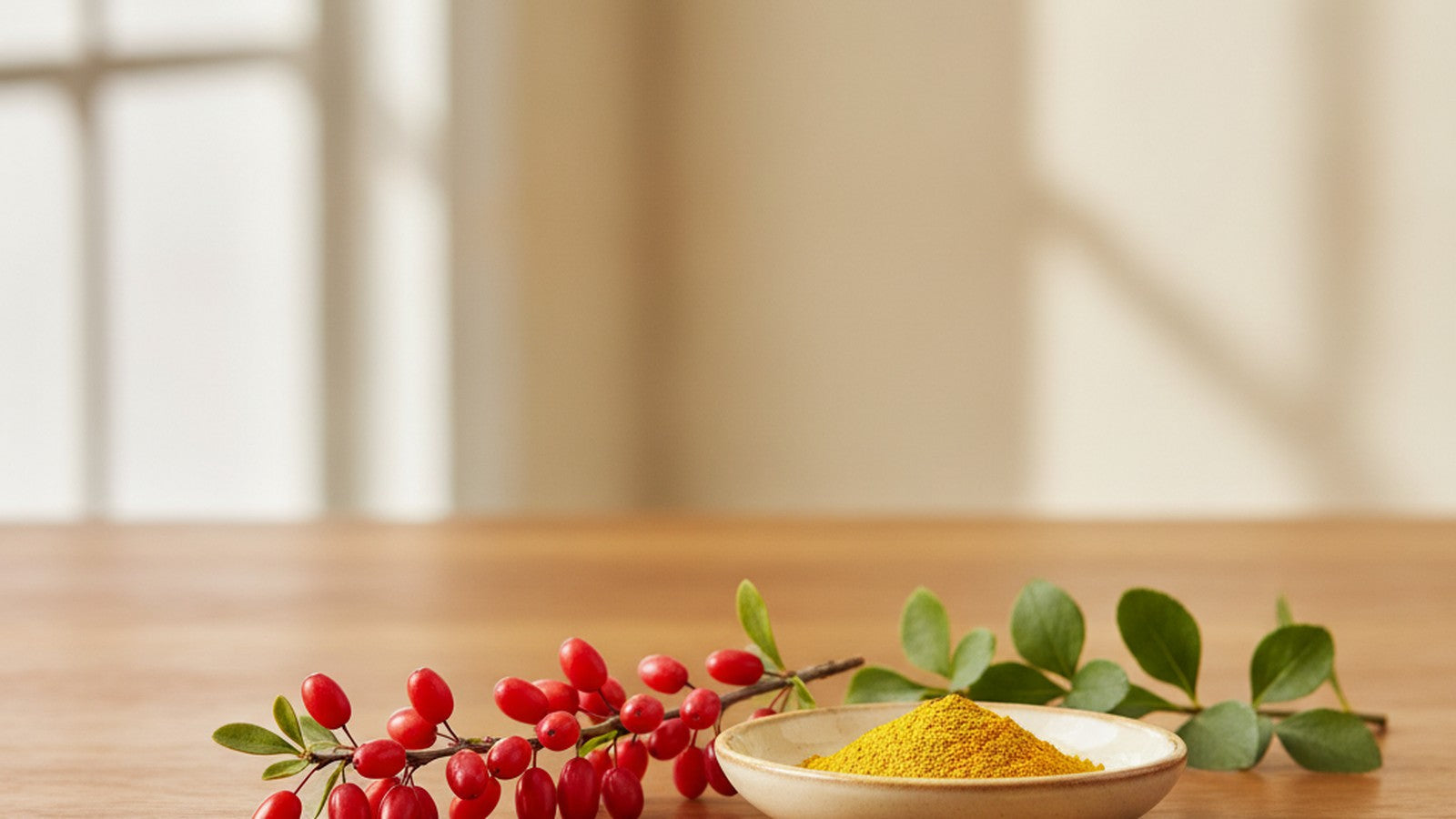 Fresh red barberries and a dish of golden berberine powder on warm wood