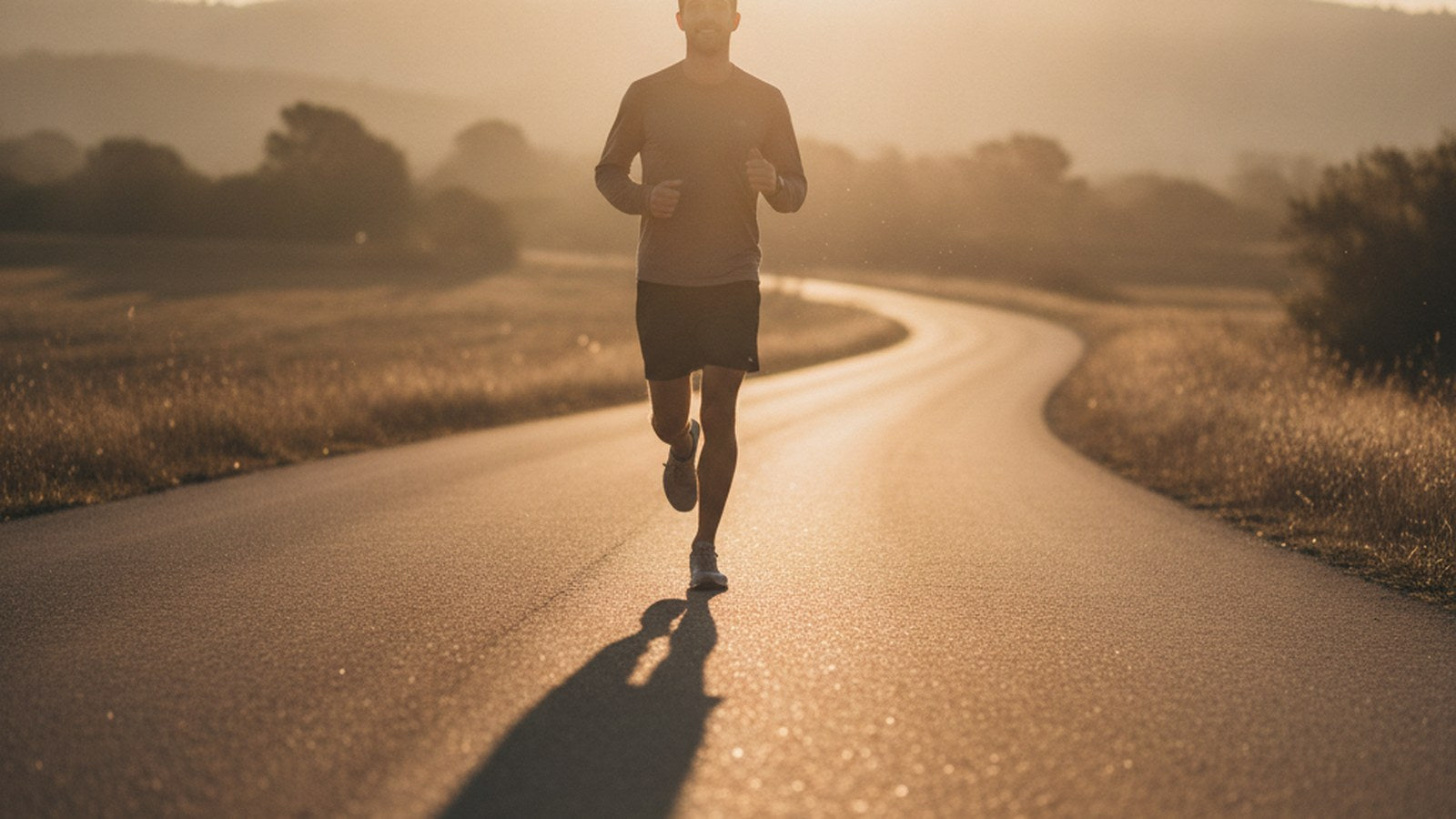 A lone runner on an open road at sunrise in warm golden light