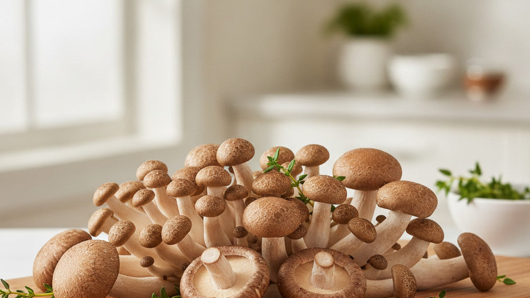 Fresh maitake, shiitake and oyster mushrooms on an oak cutting board in a bright kitchen