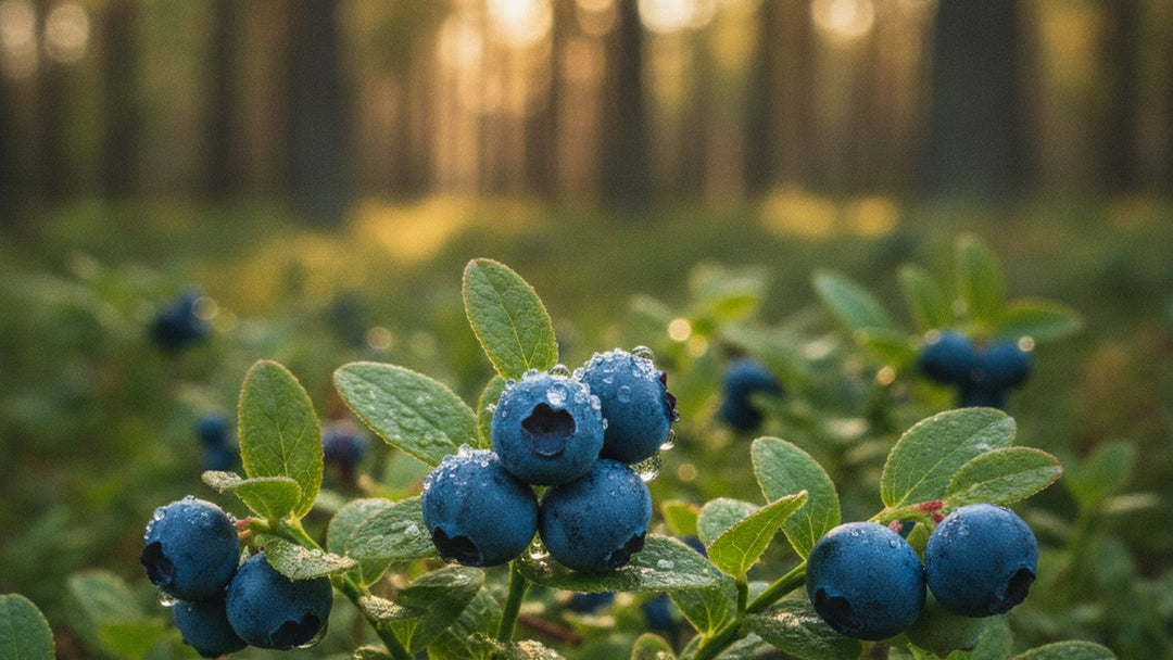Dewy wild bilberries on green forest shrubs at golden hour