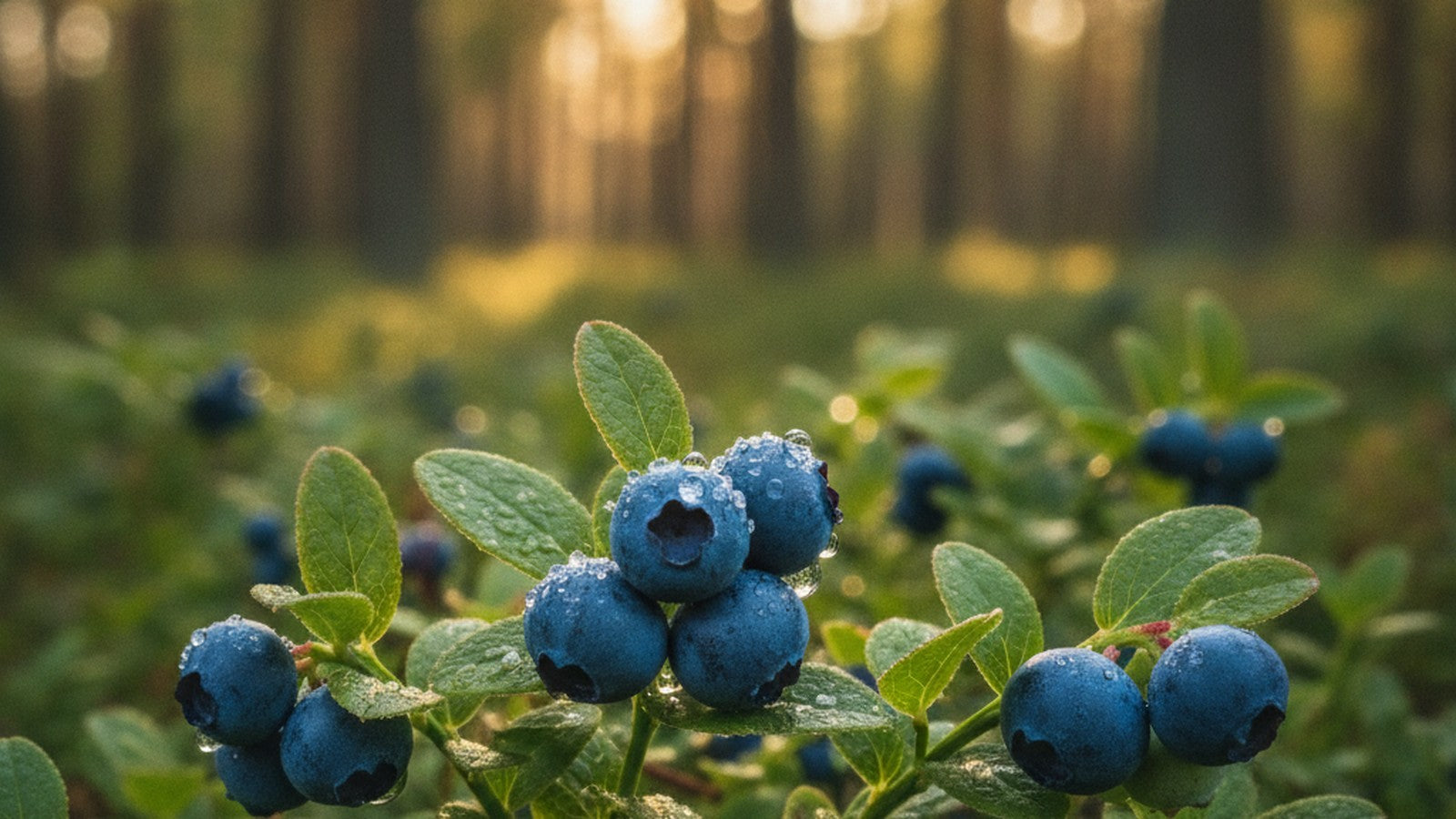 Dewy wild bilberries on green forest shrubs at golden hour