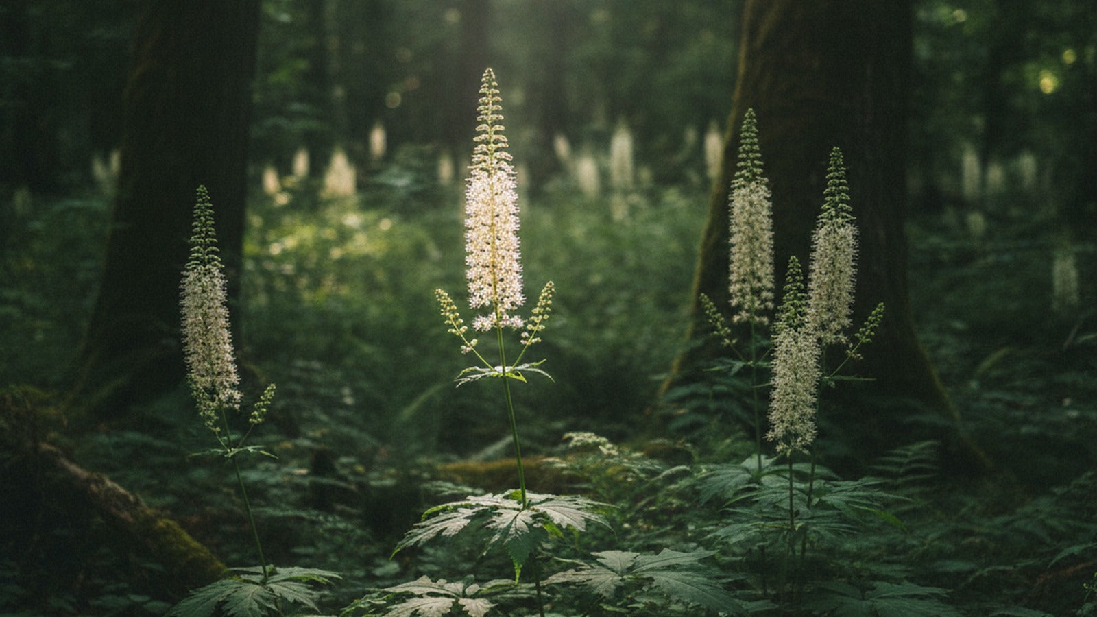Tall white flower spikes of black cohosh rising in dappled light in a shaded hardwood forest