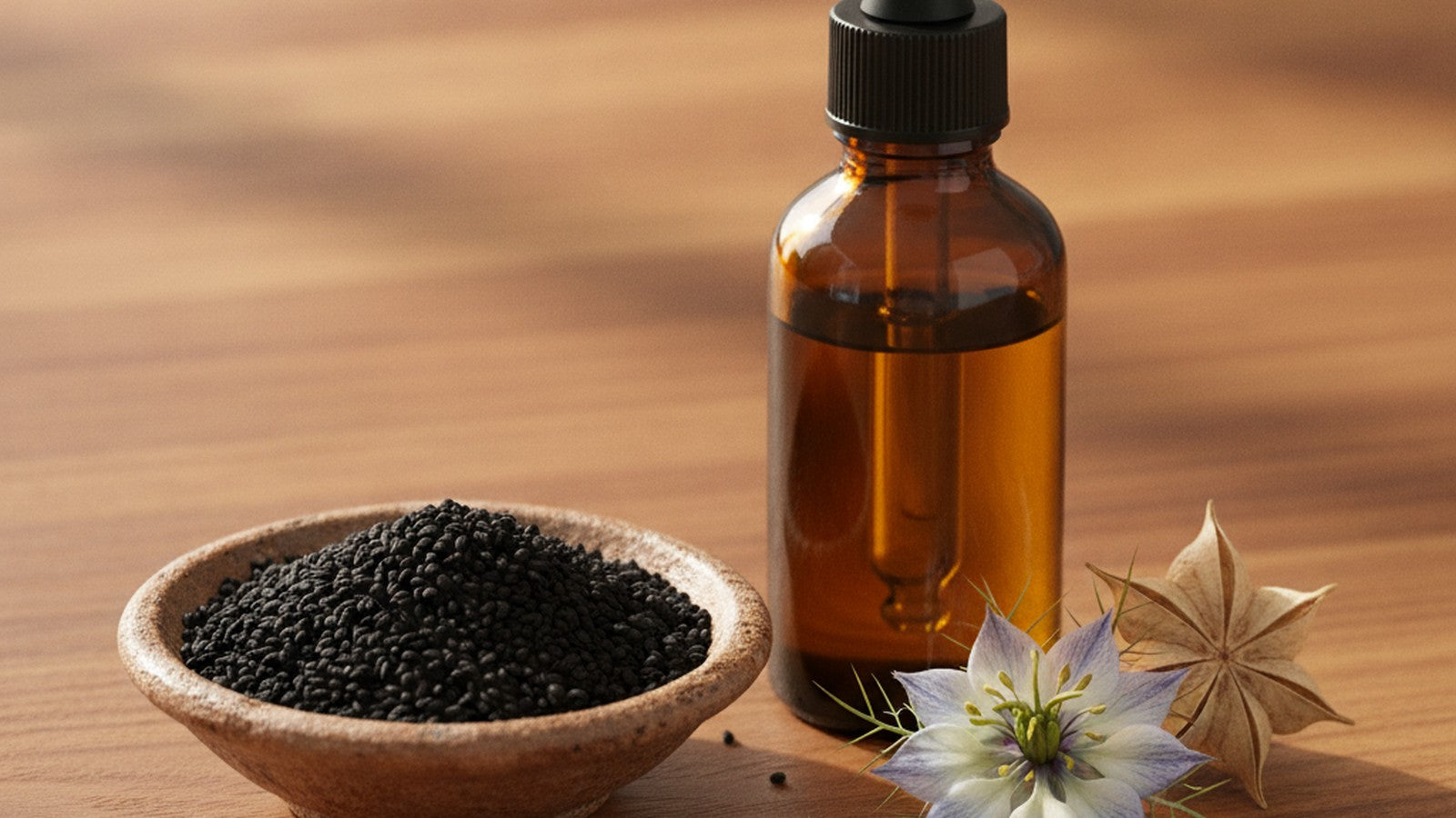 Black nigella seeds in a stoneware dish beside an amber bottle of black seed oil and a nigella flower on warm wood