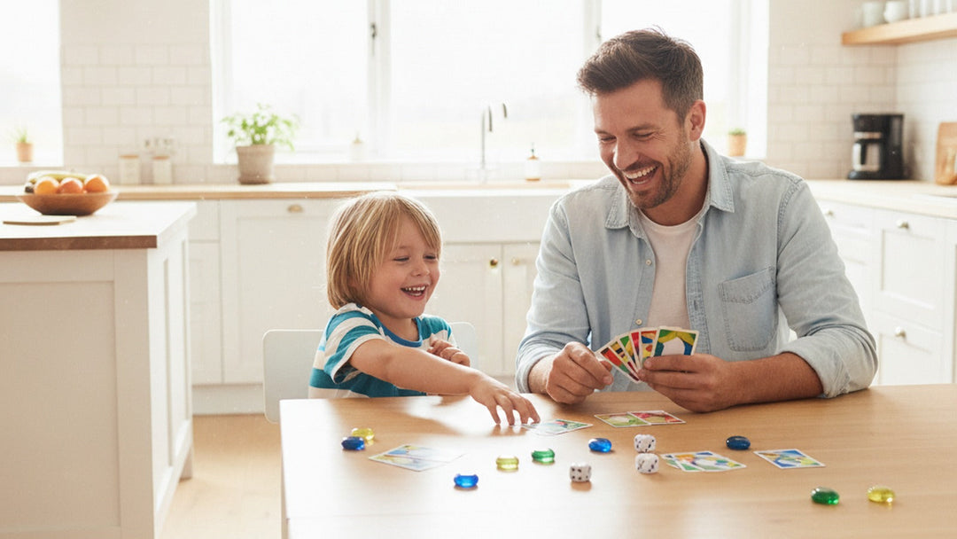 A father and his young son laughing while playing a colorful card game at a sunlit kitchen table