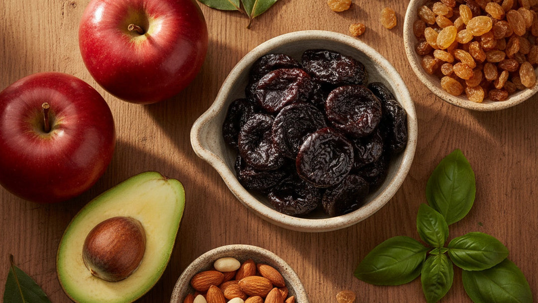 Overhead still life of boron-rich foods: prunes, raisins, apples, avocado and almonds on warm oak