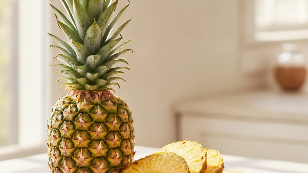 A whole fresh pineapple with golden sliced pineapple in bright natural window light