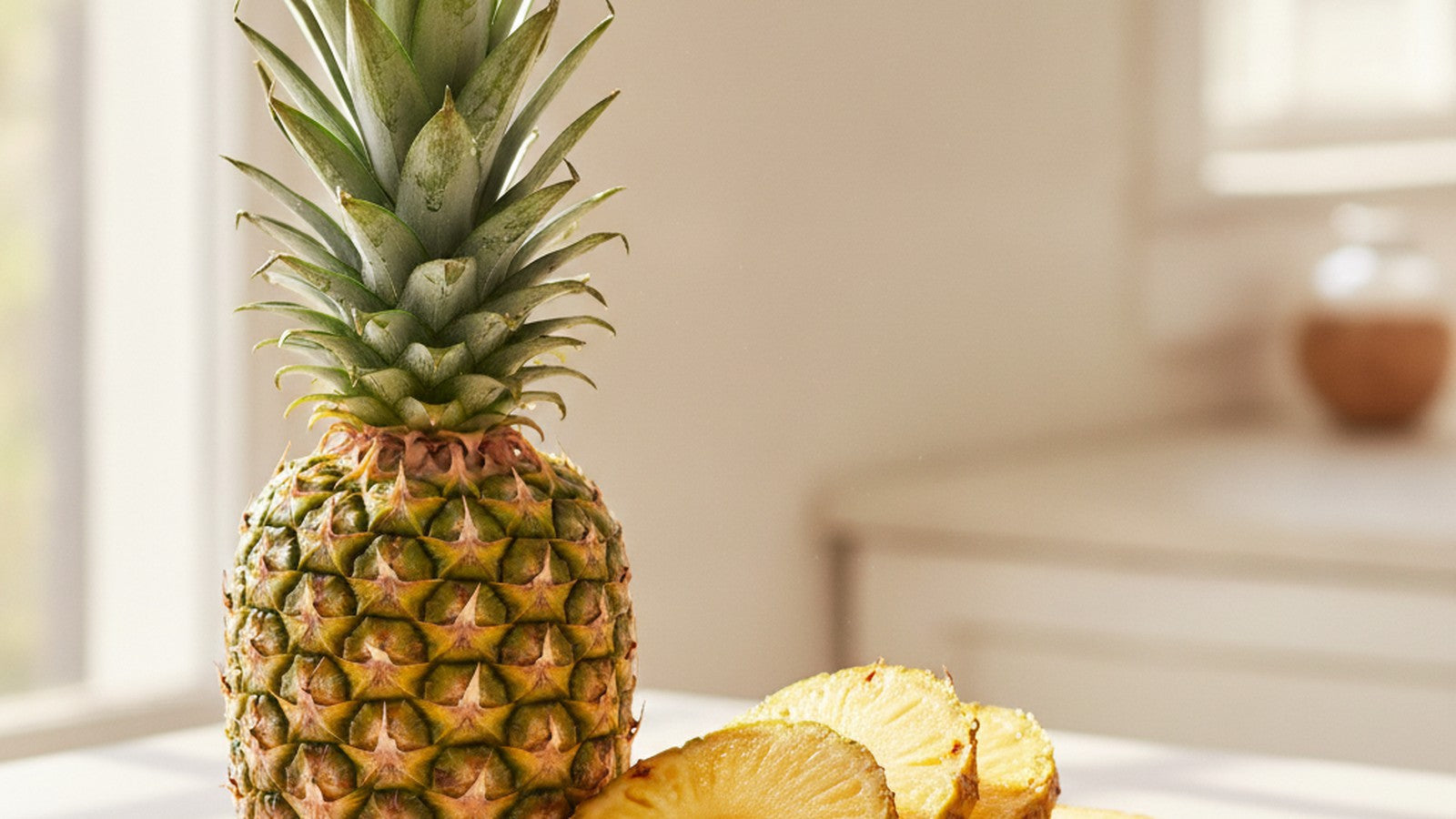A whole fresh pineapple with golden sliced pineapple in bright natural window light