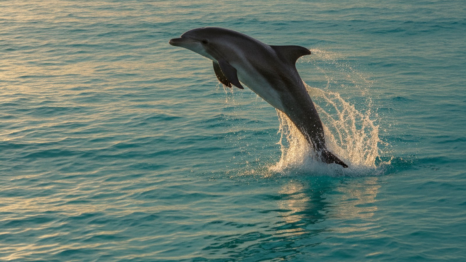 A wild bottlenose dolphin leaping from turquoise water at golden hour