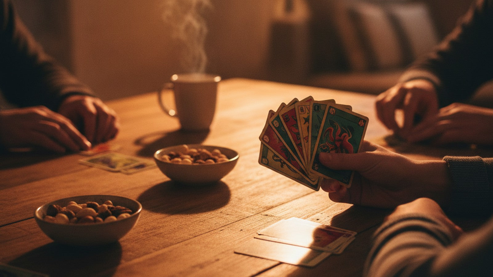 Close view of hands holding a fan of colorful cards over a wooden table in warm evening lamplight, other players' hands blurred around the table