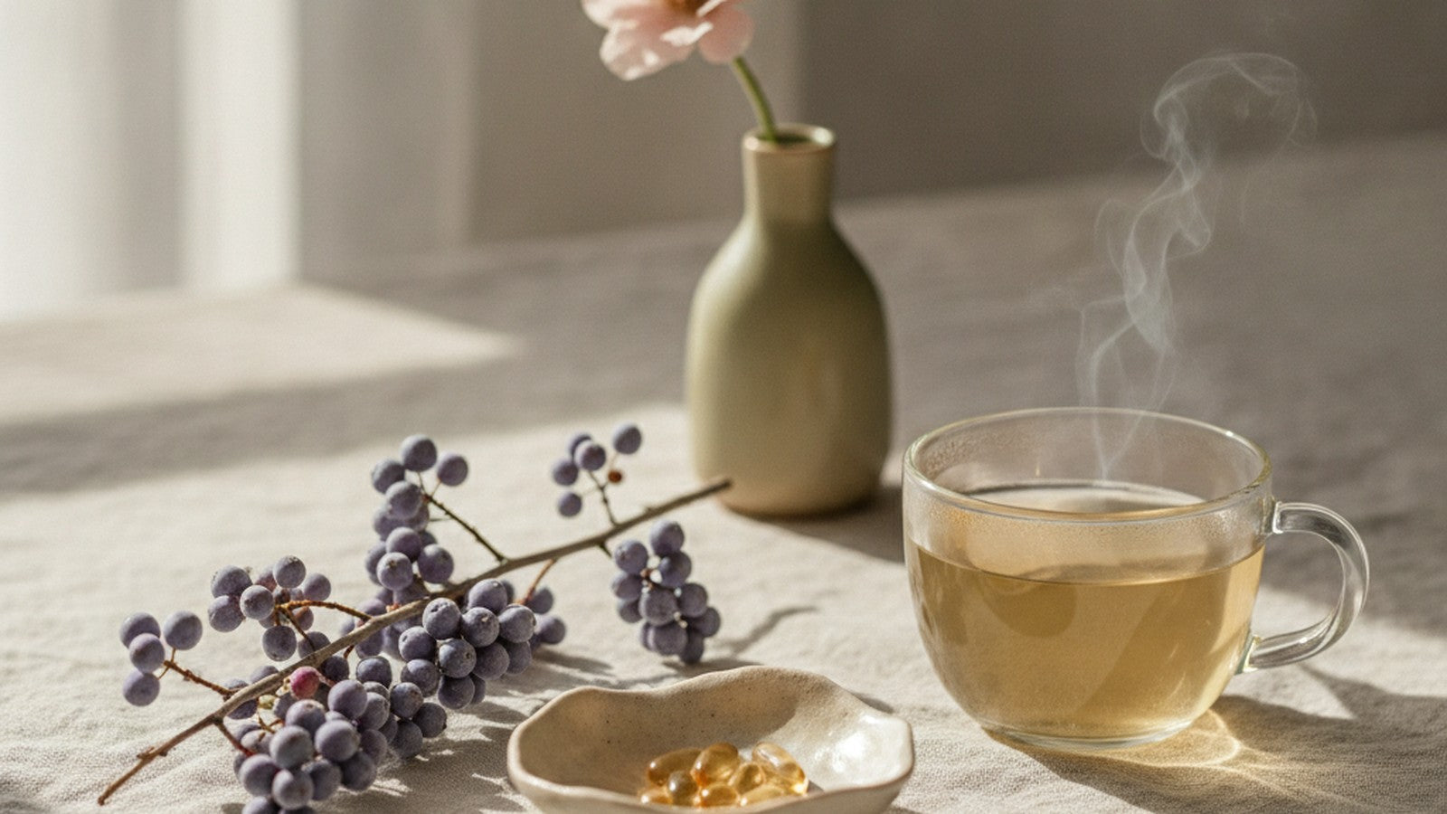 Chasteberry branch with capsules in a ceramic dish and a cup of herbal tea in soft daylight