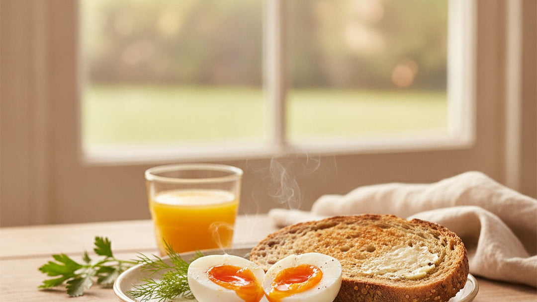 Soft-boiled eggs with deep golden runny yolks, whole-grain toast and fresh herbs on a sunlit breakfast table