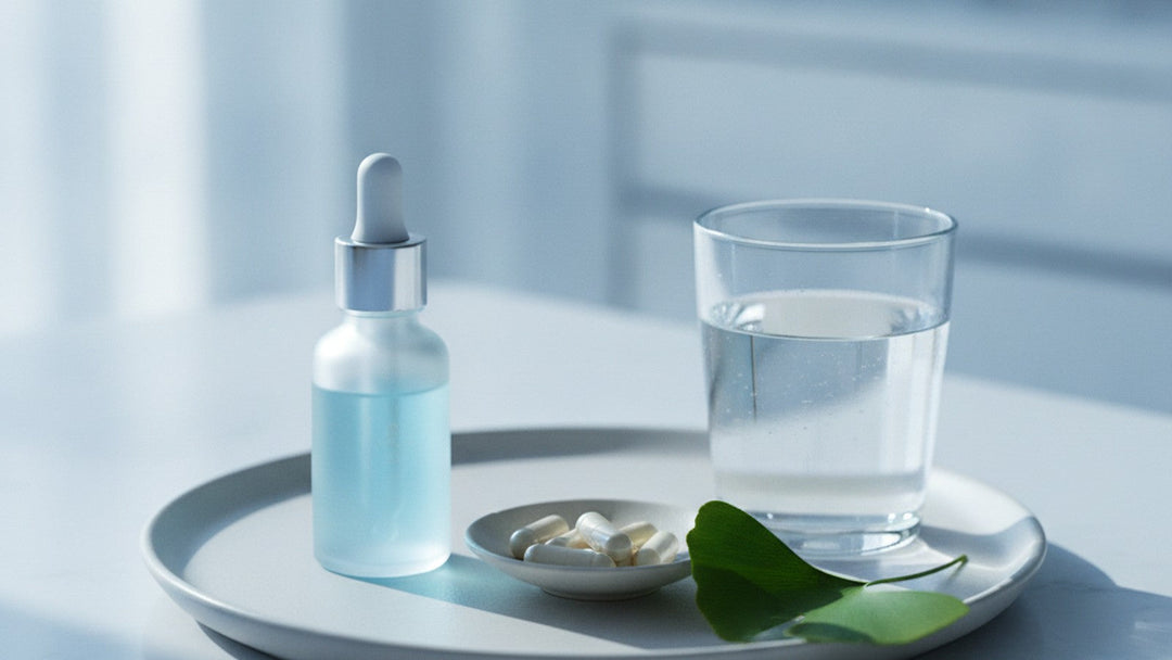 Frosted dropper bottle of liquid citicoline, a dish of ivory capsules, a glass of water and a green ginkgo leaf on a pale tray in cool daylight