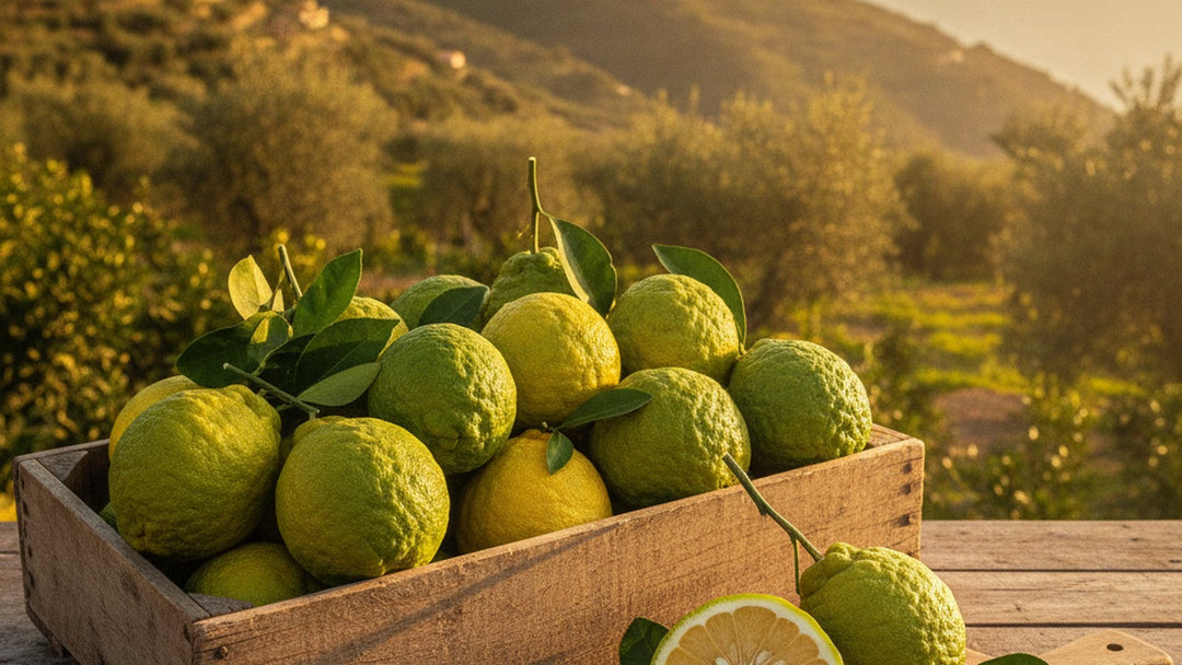 A wooden crate of fresh yellow-green bergamot citrus in a sunlit Calabrian grove at golden hour