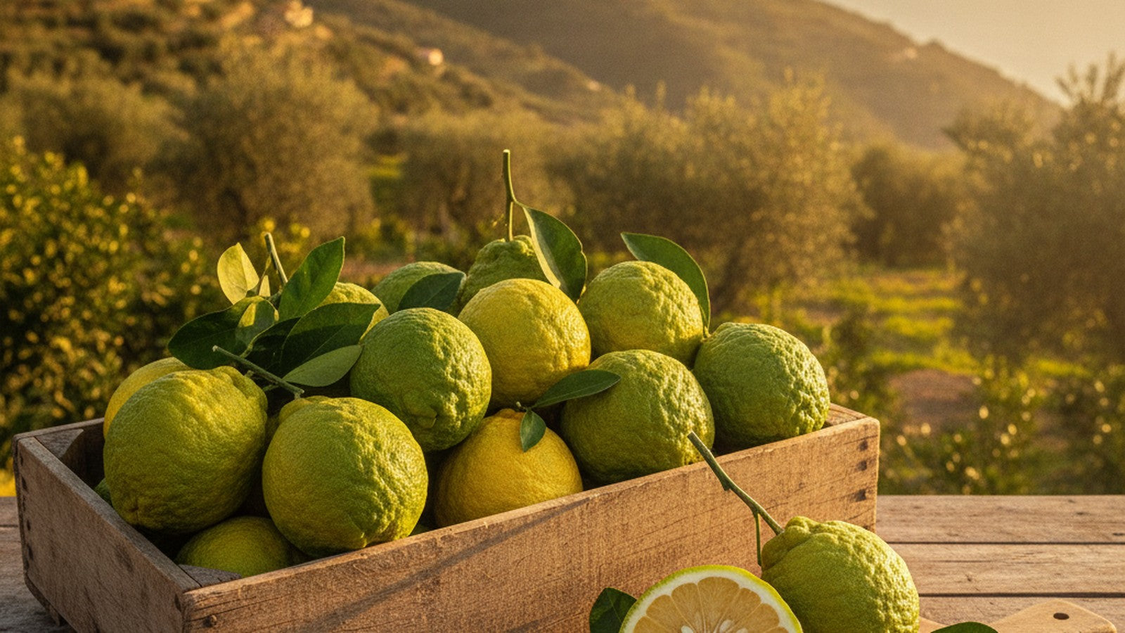 A wooden crate of fresh yellow-green bergamot citrus in a sunlit Calabrian grove at golden hour