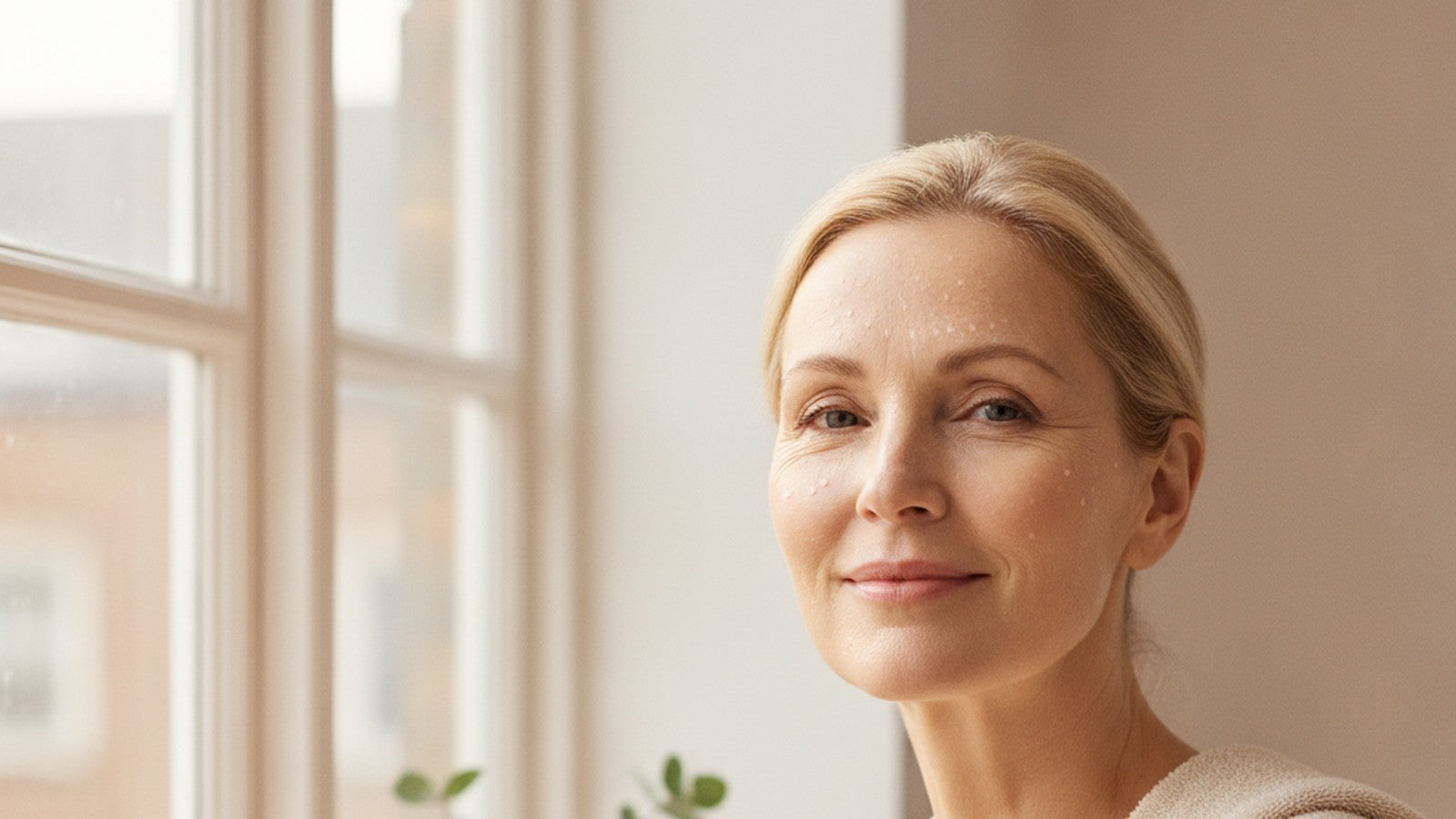 Radiant woman in her early 50s with luminous skin beside a bright window in soft morning light