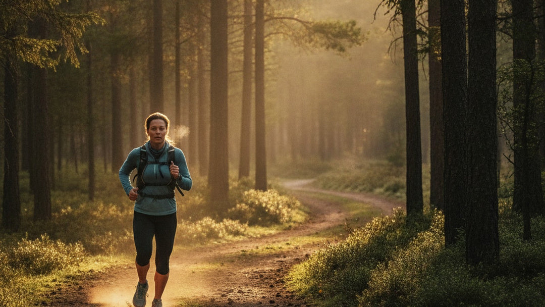 Woman trail running on a misty pine-forest path at golden dawn